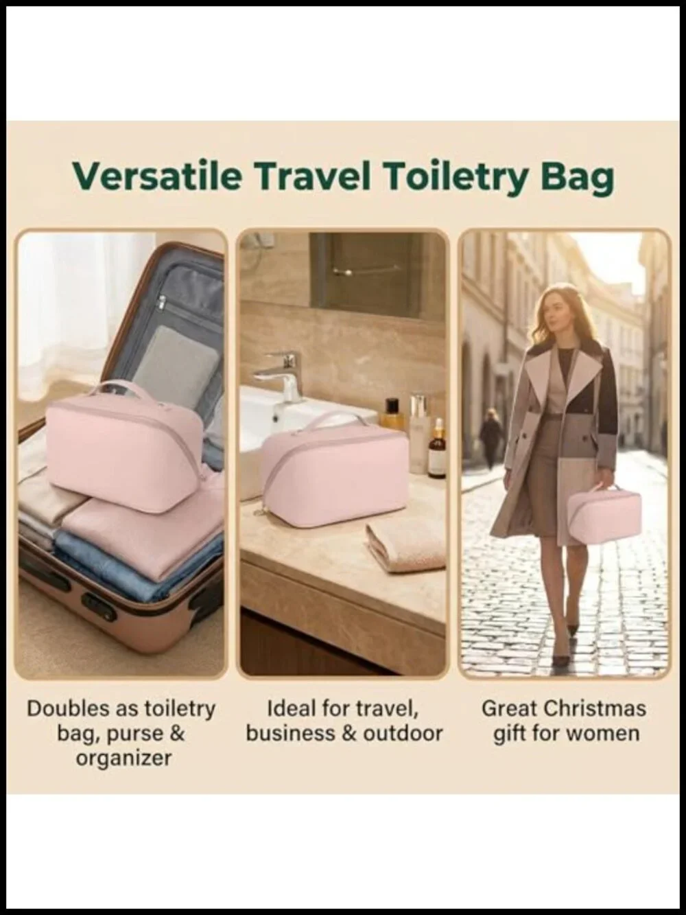 Large Capacity Travel Cosmetic Bag for Women, PU Leather Waterproof Makeup